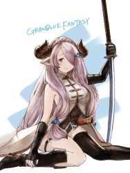 Rule 34 | 1girl, asymmetrical gloves, asymmetrical legwear, bare shoulders, black footwear, black gloves, boots, braid, breasts, closed mouth, commentary request, copyright name, elbow gloves, english text, feet out of frame, gloves, granblue fantasy, grey eyes, hair ornament, hair over one eye, highres, holding, holding sword, holding weapon, horns, jacket, katana, large breasts, legband, long hair, looking at viewer, mismatched gloves, narmaya (granblue fantasy), one eye closed, pointy ears, revision, sako (35s 00), single elbow glove, single thigh boot, sitting, sleeveless, sleeveless jacket, smile, solo, sword, thigh boots, thigh strap, thighhighs, uneven gloves, uneven legwear, very long hair, wariza, weapon