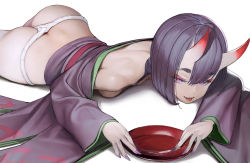 Rule 34 | 1girl, alcohol, ass, bare shoulders, bob cut, breasts, butt crack, cup, eyeliner, fate/grand order, fate (series), fundoshi, highres, horns, japanese clothes, kimono, long sleeves, looking at viewer, lying, makeup, nyatabe, on stomach, oni, purple eyes, purple hair, purple kimono, revealing clothes, sakazuki, sake, short hair, shuten douji (fate), skin-covered horns, small breasts, solo, white background, wide sleeves