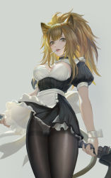 Rule 34 | 1girl, absurdres, animal ear fluff, animal ears, apron, arknights, black choker, black dress, black pantyhose, blonde hair, breasts, candy, cat ears, cat tail, choker, dress, food, frilled apron, frilled dress, frills, grey background, highres, holding, jiam009, juliet sleeves, large breasts, lollipop, long hair, long sleeves, maid, mouth hold, panties, panties under pantyhose, pantyhose, pantyshot, parted lips, pink lips, ponytail, puffy sleeves, siege (arknights), simple background, solo, standing, striped clothes, striped dress, studded choker, tail, thighband pantyhose, underwear, upskirt, vertical-striped clothes, vertical-striped dress, waist apron, white apron, white panties, yellow eyes