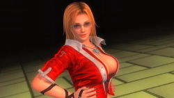Rule 34 | 1girl, 3d, blonde hair, breasts, cleavage, dead or alive, dead or alive 5, female focus, glasses, gradient background, large breasts, official art, solo, tecmo, tina armstrong, upper body