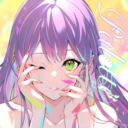 Rule 34 | 1girl, album cover, alternate hairstyle, bare shoulders, blush, character name, collarbone, cover, eyebrows hidden by hair, green nails, hands on own face, hololive, kakage, long hair, nail polish, official art, parted lips, pink nails, pointy ears, solo, song name, tokoyami towa, virtual youtuber