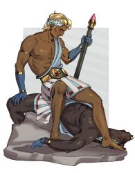 Rule 34 | 2boys, 5i2, ancient greek clothes, arm support, armlet, asterius (hades), belt, blonde hair, blue gloves, closed eyes, closed mouth, coif, commentary, dark-skinned male, dark skin, elbow gloves, english commentary, fine art parody, gloves, greco-roman clothes, hades (series), hades 1, highres, implied yaoi, laurel crown, looking at another, male focus, minotaur, monster boy, multiple boys, nipples, nose piercing, nose ring, parody, piercing, polearm, rock, simple background, sitting, sitting on person, smile, tan, theseus (hades), theseus and the minotaur, tunic, weapon, white background
