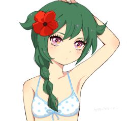 Rule 34 | 1girl, arm up, armpits, artist request, bad drawr id, bad id, bare arms, blue bra, bra, braid, character request, closed mouth, copyright request, flower, green hair, hair flower, hair ornament, hand on own head, head tilt, long hair, looking at viewer, oekaki, polka dot, polka dot bra, poppy (flower), purple eyes, red flower, simple background, solo, two-tone bra, underwear, upper body, white background, white bra
