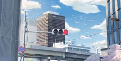 Rule 34 | blue sky, building, cityscape, cloud, commentary, day, english commentary, highres, isbeyvan, japan, lamppost, no humans, original, outdoors, power lines, road sign, scenery, sign, sky, traffic light, utility pole