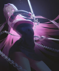 Rule 34 | 1girl, bare shoulders, black dress, breasts, chain, cleavage, collar, detached sleeves, dress, facial mark, fajyobore, fate/stay night, fate (series), forehead, forehead mark, highres, large breasts, long hair, looking at viewer, medusa (fate), medusa (rider) (fate), nameless dagger (fate), parted bangs, purple eyes, purple hair, short dress, sidelocks, solo, thighs, very long hair