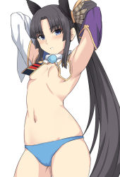 Rule 34 | 1girl, armpits, asymmetrical sleeves, black hair, blue panties, blush, breasts, commentary request, detached sleeves, fate/grand order, fate (series), hair ornament, long hair, looking at viewer, mismatched sleeves, navel, panties, pom pom (clothes), purple eyes, revealing clothes, shiseki hirame, simple background, small breasts, solo, teeth, underwear, ushiwakamaru (fate), white background