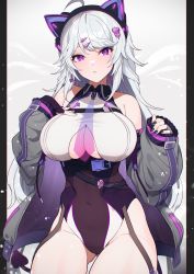 Rule 34 | 1girl, absurdres, ahoge, animal ears, bare shoulders, belt, black nails, breasts, cleavage cutout, clothing cutout, commission, cowboy shot, demon tail, fake animal ears, gluteal fold, grey hair, grey jacket, hair ornament, hand on own chest, highleg, highleg leotard, highres, jacket, large breasts, leotard, long hair, long sleeves, looking at viewer, mole, mole under eye, nail polish, necktie, off shoulder, open clothes, open jacket, open mouth, original, parted bangs, parted lips, purple eyes, shadow, skeb commission, sleeves past wrists, slit pupils, solo, suspenders, tail, thighs, underboob, wakahiko