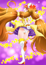 Rule 34 | 1girl, absurdres, amanogawa kirara, ass, blush, boots, breasts, cure twinkle, detached collar, dress, earrings, covered erect nipples, gloves, go! princess precure, highres, jewelry, large breasts, long hair, looking back, low-tied long hair, magical girl, multicolored hair, open mouth, orange hair, panties, precure, purple eyes, quad tails, red hair, skirt, smile, solo, standing, standing on one leg, star (symbol), star earrings, streaked hair, thigh boots, thighhighs, twintails, two-tone hair, underwear, white footwear, white gloves, yellow dress