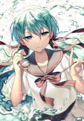 Rule 34 | 1girl, black bow, black sailor collar, black skirt, blurry, blurry background, bottle miku, bow, cable, collarbone, commentary request, corded phone, depth of field, green eyes, green hair, hair between eyes, hair bow, half-closed eyes, hands up, hatsune miku, highres, holding, holding phone, jenevan, long hair, looking at viewer, low twintails, parted lips, phone, pleated skirt, sailor collar, school uniform, serafuku, shirt, short sleeves, skirt, solo, striped, striped bow, transparent, twintails, very long hair, vocaloid, water, white shirt