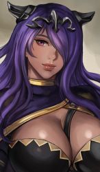 Rule 34 | 1girl, armor, black armor, breasts, camilla (fire emblem), cleavage, closed mouth, commentary, english commentary, fire emblem, fire emblem fates, fire emblem heroes, hair ornament, hair over one eye, highres, large breasts, lips, long hair, looking at viewer, nintendo, portrait, purple eyes, purple hair, smile, soffa, strap, tiara, wavy hair