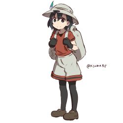 Rule 34 | 10s, 1girl, backpack, bag, black hair, bucket hat, commentary request, gloves, grey eyes, hair between eyes, hat, hat feather, k-suwabe, kaban (kemono friends), kemono friends, looking at viewer, pantyhose, pantyhose under shorts, red shirt, shirt, shoes, short hair, short sleeves, shorts, smile, solo, t-shirt, twitter username, white background