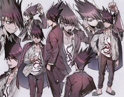 Rule 34 | 1boy, aoki (fumomo), arm up, black hair, blouse, clenched teeth, collarbone, collared shirt, commentary request, cropped torso, danganronpa (series), danganronpa v3: killing harmony, dress shirt, expressions, facial hair, gakuran, goatee, grey background, grin, hand in pocket, jacket, jacket on shoulders, long sleeves, male focus, momota kaito, multiple views, open clothes, open mouth, open shirt, pants, pink jacket, pink pants, print shirt, profile, purple eyes, school uniform, shirt, short hair, simple background, smile, spiked hair, teeth, upper teeth only