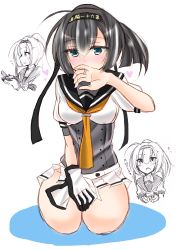 Rule 34 | 10s, 1girl, akizuki (kancolle), black hair, blue eyes, blush, clothes writing, colored shadow, corset, covering own mouth, gloves, hachimaki, hand on lap, hand over own mouth, headband, highres, jewelry, kantai collection, kuuya (ayahata43), miniskirt, pleated skirt, ponytail, ring, ring box, sailor collar, school uniform, seiza, serafuku, shadow, single glove, sitting, skirt, translation request, unworn gloves, wedding band, white background