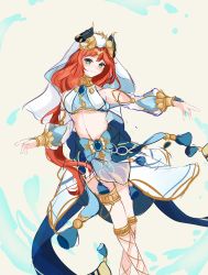 Rule 34 | 1girl, absurdres, arabian clothes, blue eyes, blue veil, closed mouth, dancer, genshin impact, gladiator sandals, gold choker, harem outfit, highres, long hair, long sleeves, looking at viewer, navel, nilou (genshin impact), orchid (orukido), red hair, sandals, smile, solo, thighlet, veil, white headdress