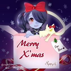 Rule 34 | 1girl, christmas, detached collar, hair over one eye, leviathan (skullgirls), ribbon, ringo tou hachimitsu, side ponytail, skullgirls, snow, squigly (skullgirls), stitched mouth, stitches, zombie