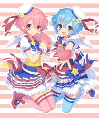 Rule 34 | 1boy, 1girl, :d, artist name, bad id, bad pixiv id, beamed quavers, belt, bird wings, blue bow, blue eyes, blue footwear, blue hair, blue thighhighs, blush, boots, bow, bowtie, braid, brother and sister, curly hair, dorothy west, frilled skirt, frills, full body, hat, heart, holding, idol, layered skirt, reona west, looking at viewer, mole, mole under eye, musical note, open mouth, outline, outstretched arm, pink eyes, pink hair, pink thighhighs, pleated skirt, pretty series, pripara, puffy short sleeves, puffy sleeves, red bow, red footwear, sacraneco, sailor collar, sailor hat, short hair, short sleeves, siblings, skirt, smile, star (symbol), striped, striped background, thighhighs, trap, twins, white wings, wings, wrist cuffs