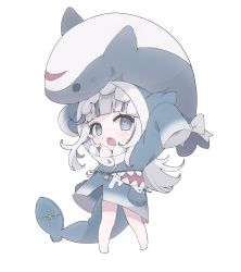 Rule 34 | 1girl, animal hood, arms up, bare legs, barefoot, blue eyes, blue hair, blush, chibi, commentary, fins, fish tail, full body, gawr gura, highres, hocmiya, hololive, hololive english, hood, hood up, long hair, looking at viewer, no feet, shark girl, shark hood, sharp teeth, simple background, sleeves past fingers, sleeves past wrists, solo, stuffed animal, stuffed shark, stuffed toy, symbol-only commentary, tail, teeth, virtual youtuber, white background, white hair