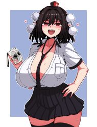 Rule 34 | 1girl, alternate breast size, black hair, black necktie, black skirt, black thighhighs, breasts, camera, cleavage, collared shirt, commentary request, cowboy shot, formicid, grey background, hand on own hip, hat, heart, highres, holding, holding camera, huge breasts, korean commentary, looking at viewer, necktie, open mouth, pleated skirt, pointy ears, pom pom (clothes), red eyes, red hat, shameimaru aya, shirt, short hair, short sleeves, skirt, solo, sweat, thighhighs, tokin hat, touhou, white shirt