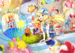 Rule 34 | 1girl, :d, alice (alice in wonderland), alice in wonderland, blonde hair, bug, butterfly, castle, fish, green eyes, hakusai (tiahszld), hat, highres, bug, long hair, open mouth, skirt, smile, solo, star (symbol)