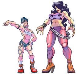 1boy, 1girl, abs, armlet, baptiste gaubert, big hair, black hair, blue eyes, blue shorts, boots, breasts, chains, choker, collar, combat boots, crop top, cuffs, cutoffs, denim, denim shorts, facial hair, final fight, genderswap, genderswap (ftm), genderswap (mtf), hair over one eye, hand on hip, handcuffs, height difference, high heel boots, high heels, highres, hugo andore, large breasts, lipstick, long hair, makeup, manly, muscle, mustache, nail polish, open fly, poison (final fight), shorts, skin tight, socks, street fighter, street fighter iii (series), stubble, studded bracelet, unzipped