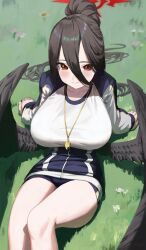 Rule 34 | 1girl, 3:, arm support, black hair, black wings, blue archive, blurry, breasts, commentary request, depth of field, feathered wings, from above, grass, gym, gym shirt, gym shorts, hair between eyes, halo, hasumi (blue archive), hasumi (track) (blue archive), highres, huge breasts, jacket, knee up, long hair, long sleeves, looking at viewer, looking up, lying, m.q (mqkyrie), official alternate costume, on back, open clothes, open jacket, ponytail, red eyes, shirt, shorts, sidelocks, solo, thick thighs, thighs, track jacket, very long hair, whistle, whistle around neck, wings, zipper