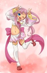 Rule 34 | arms up, blue eyes, double v, fang, highres, koihime musou, leg lift, long hair, midriff, miniskirt, navel, one eye closed, open mouth, pink hair, ribbon, shirt, skirt, smile, solo, sonshoukou, standing, standing on one leg, thighhighs, tsurime, twintails, v, zettai ryouiki