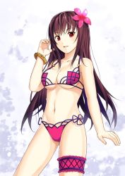 Rule 34 | 1girl, bad id, bad pixiv id, bangle, bikini, bracelet, breasts, cleavage, fate/grand order, fate (series), flower, hair flower, hair ornament, jewelry, long hair, looking at viewer, mugipot, navel, purple hair, red eyes, scathach (fate), scathach (fate), scathach (swimsuit assassin) (fate), solo, swimsuit, underboob