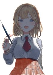 Rule 34 | 1girl, absurdres, blonde hair, blue eyes, breasts, highres, hololive, hololive english, looking at viewer, medium breasts, necktie, shirt, short hair, skirt, solo, syringe, virtual youtuber, watson amelia, watson amelia (1st costume), white shirt