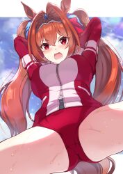 Rule 34 | 1girl, absurdres, animal ears, arms up, blush, breasts, brown hair, buruma, commentary request, daiwa scarlet (umamusume), fang, hair between eyes, hair ornament, highres, horse ears, horse girl, horse tail, large breasts, looking at viewer, open mouth, red eyes, sky, solo, sweat, tail, taki rentaro, tiara, twintails, umamusume