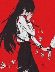 Rule 34 | 1girl, alternate body fluid, clothes grab, coughing flowers, covered mouth, covering own mouth, flower, from side, hand on own face, hand up, highres, lily (flower), long hair, long sleeves, mitsubachi (roundbee), monochrome, original, out of frame, pleated skirt, profile, red theme, school uniform, serafuku, simple background, skirt, solo focus, tearing up, very long hair