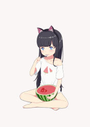 Rule 34 | 1girl, :t, absurdres, abwan, animal ear fluff, animal ears, barefoot, black hair, black hairband, blue eyes, blush, cat ears, closed mouth, commentary request, crossed legs, eating, fake animal ears, food, fruit, grey background, hairband, heart, heart-shaped pupils, highres, holding, holding food, holding spoon, long hair, looking away, off shoulder, original, shadow, shirt, short sleeves, sitting, solo, spoon, symbol-shaped pupils, utensil in mouth, very long hair, watermelon, white shirt