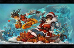 Rule 34 | 2girls, antlers, ass, bodysuit, breasts, brown eyes, brown hair, christmas, clipboard, company connection, crossover, frozen, gift, glasses, goggles, gun, hat, highres, horns, letterboxed, medium breasts, mei (overwatch), monster, multiple girls, murloc, overwatch, overwatch 1, running, santa hat, shizi (10z), short hair, sleigh, smile, subaru (yachika), thighs, tracer (overwatch), warcraft, weapon, world of warcraft, yellow eyes