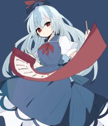 Rule 34 | 1girl, 76gpo, blue background, blue dress, blue hair, blue headwear, closed mouth, dress, highres, holding, holding scroll, kamishirasawa keine, long hair, looking at viewer, multicolored hair, neckerchief, one-hour drawing challenge, puffy short sleeves, puffy sleeves, red eyes, red neckerchief, scroll, short sleeves, simple background, solo, touhou, two-tone hair, white hair