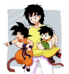 Rule 34 | 3boys, :d, :o, age difference, black eyes, black footwear, black hair, brothers, carrying, child, cowboy shot, d:, denim, dougi, dragon ball, dragon ball (classic), dragonball z, father and son, full body, grey background, happy, highres, index finger raised, jeans, looking away, male focus, multiple boys, nervous, nishi (manpucc), open mouth, pants, pointing, profile, shaded face, shirt, short hair, siblings, simple background, smile, son gohan, son goku, son goten, spiked hair, standing, sweatdrop, tail, time paradox, two-tone background, upper body, wavy mouth, white background, white pants, wristband, yellow shirt