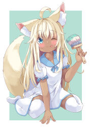 Rule 34 | 1girl, :p, ahoge, animal ear fluff, animal ears, blonde hair, blue eyes, blue sailor collar, blush, border, closed mouth, collarbone, commentary request, dark-skinned female, dark skin, dress, fox ears, fox girl, fox tail, full body, green background, highres, holding, holding paintbrush, long hair, looking at viewer, manabe mana, one eye closed, original, outside border, paintbrush, puffy short sleeves, puffy sleeves, sailor collar, sailor dress, short sleeves, simple background, sitting, solo, tail, thighhighs, tongue, tongue out, wariza, white border, white dress, white thighhighs