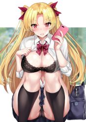 Rule 34 | 1girl, ass, bag, black bra, black panties, black socks, blonde hair, blush, bow, bowtie, bra, breasts, cameltoe, cleavage, collared shirt, earrings, ereshkigal (fate), ero waifu, fate/grand order, fate (series), feet out of frame, hair ribbon, hands up, holding, holding phone, jewelry, kneehighs, knees up, lace, lace-trimmed bra, lace trim, large breasts, long hair, looking at viewer, panties, parted bangs, parted lips, phone, plaid, plaid bow, plaid bowtie, plaid neckwear, red bow, red bowtie, red eyes, red ribbon, ribbon, school bag, school uniform, shirt, sidelocks, sitting, socks, solo, sweat, thighs, two side up, underwear, v-shaped eyebrows, white shirt