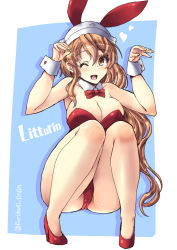 Rule 34 | 10s, 1girl, animal ears, bare shoulders, blush, bow, bowtie, breasts, brown eyes, brown hair, cleavage, detached collar, fake animal ears, kantai collection, large breasts, littorio (kancolle), long hair, looking at viewer, one eye closed, open mouth, playboy bunny, rabbit ears, rabbit tail, shinshin, smile, solo, squatting, tail, wavy hair, wrist cuffs