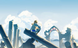 Rule 34 | 1other, ahoge, arch, belt, blonde hair, blue belt, brick, brick wall, chinese commentary, cloud, day, facing away, highres, lirisy, long hair, long sleeves, low ponytail, mountainous horizon, original, outdoors, pants, pillar, rabbit, red footwear, ruins, shirt, shoes, sitting, sky, solo, white pants, white shirt