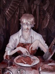 Rule 34 | 1boy, absurdres, alcohol, apron, blood, blood splatter, bloody knife, blue eyes, brown hair, cannibalism, cleaver, collared shirt, commission, cup, dismemberment, drinking glass, eating, eyeball, food, food in mouth, fork, grey hair, guro, hair between eyes, hand up, highres, holding, holding fork, holding knife, knife, looking at viewer, male focus, meat, mole, mole under eye, open collar, original, plate, red apron, severed limb, shirt, short hair, sionagasu, skeb commission, sleeves rolled up, solo, straight-on, table, white shirt, wine, wine glass