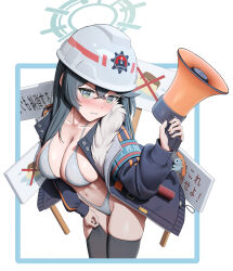 Rule 34 | 1girl, absurdres, bikini, black jacket, black thighhighs, blue archive, blush, breasts, cleavage, collarbone, cowboy shot, g9in32, green eyes, green halo, grey bikini, grey hair, hair between eyes, halo, hard hat, helmet, highres, holding, holding megaphone, jacket, large breasts, long hair, long sleeves, looking at viewer, megaphone, minori (blue archive), navel, open clothes, open jacket, open mouth, sign, solo, swimsuit, thighhighs, white headwear
