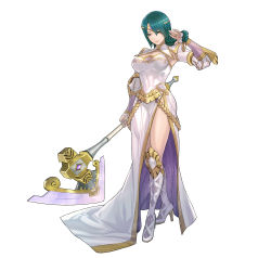 Rule 34 | 1girl, absurdres, armpits, axe, battle axe, boots, braid, breasts, bridal gauntlets, circlet, cleavage, commentary request, dress, female focus, fire emblem, fire emblem heroes, full body, green hair, hand up, high heel boots, high heels, highres, holding, holding weapon, jewelry, knee boots, large breasts, lips, long hair, long sleeves, looking at viewer, maeshima shigeki, nintendo, official art, open mouth, side slit, simple background, single braid, smile, solo, striped, thighs, thorr (fire emblem), vertical stripes, weapon, white background, white dress, white footwear, yellow eyes
