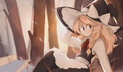 Rule 34 | 1girl, apron, black dress, black skirt, blonde hair, bow, bowtie, dress, forest, freckles, frilled hat, frills, hat, hat bow, kappce, kirisame marisa, long hair, long sleeves, looking at viewer, nature, red bow, shirt, side ponytail, skirt, snow, snowing, solo, touhou, tree, white bow, white shirt, witch hat
