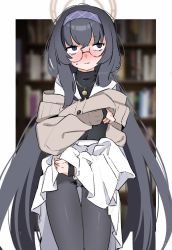 Rule 34 | 1girl, black eyes, black hair, black pantyhose, blue archive, blurry, blurry background, blush, book, bookshelf, closed mouth, clothes lift, commentary request, covered navel, female pubic hair, futapi, glasses, hairband, halo, highres, jewelry, lifting own clothes, long hair, low twintails, necklace, panties, panties under pantyhose, pantyhose, pubic hair, pubic hair peek, sailor collar, school uniform, serafuku, skirt, skirt lift, solo, sweat, twintails, ui (blue archive), underwear, very long hair, white sailor collar, white skirt