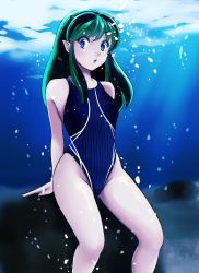 Rule 34 | 1girl, absurdres, air bubble, arm support, blue eyes, blue one-piece swimsuit, bubble, competition swimsuit, cone horns, green hair, highres, horns, long hair, looking at viewer, lum, nanao futaba, one-piece swimsuit, parted lips, pointy ears, rock, sitting, solo, swimsuit, underwater, urusei yatsura