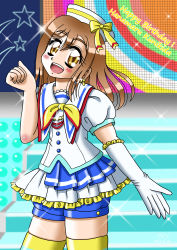 Rule 34 | 1girl, absurdres, aozora jumping heart, aqua legwear, artist name, artist request, blouse, blue shorts, blue skirt, blush, bow, bowtie, breasts, brown eyes, brown hair, buttons, clenched hands, curly hair, dress, dress shirt, earrings, elbow gloves, female focus, floating hair, frilled skirt, frills, gem, gloves, hair between eyes, hat, hat bow, hat ribbon, highres, jewelry, kunikida hanamaru, layered skirt, light brown hair, long hair, looking at viewer, love live!, love live! school idol festival, love live! school idol festival all stars, love live! sunshine!!, miniskirt, neckerchief, on stage, parted lips, pearl (gemstone), plaid, plaid skirt, pleated, pleated skirt, puffy short sleeves, puffy shorts, puffy sleeves, ribbon, sailor collar, shirt, short hair, short shorts, short sleeves, shorts, shorts under skirt, singe glove, single elbow glove, single glove, skirt, small breasts, smile, solo, sparkle, stage, stage lights, stairs, star (symbol), striped legwear, wavy hair, white gloves, white hat, white sailor collar, white shirt, white skirt, yellow bow, yellow eyes, yellow legwear, yellow neckerchief, yellow ribbon