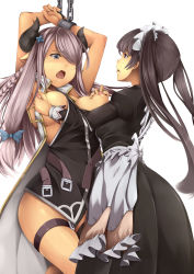 Rule 34 | 10s, 2girls, apron, armpits, arms up, back, bdsm, belt, between breasts, black dress, black panties, blunt bangs, blush, bondage, bound, bound wrists, bow, braid, breasts, brown hair, chain, cowboy shot, cuffs, cyoppu, demon horns, dorothy (granblue fantasy), draph, dress, eyebrows, femdom, frills, granblue fantasy, grey eyes, hair bow, hair ornament, hair over one eye, hand under clothes, highres, horns, juliet sleeves, large breasts, light purple hair, long hair, long sleeves, looking at another, maid, maid headdress, multiple girls, narmaya (granblue fantasy), nipple stimulation, nipple tweak, nipples, open belt, open clothes, open mouth, panties, pink lips, pointy ears, puffy sleeves, restrained, shackles, short dress, simple background, single thighhigh, sleeveless, thigh strap, thighhighs, twintails, underwear, white apron, yuri