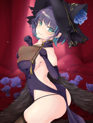 Rule 34 | 1girl, :3, animal ear headwear, aqua eyes, aqua hair, armpit crease, ass, azur lane, backless dress, backless outfit, blue dress, blue flower, blue hair, blue rose, breasts, cheshire (azur lane), cheshire (cait sith crooner) (azur lane), cleavage, closed mouth, collarbone, commentary request, dress, evening gown, fake animal ears, fang, feather boa, flower, from side, halterneck, hat, hat flower, highres, large breasts, looking at viewer, multicolored hair, paw pose, pelvic curtain, rose, see-through, see-through cleavage, shiruko (27anko), short hair, sideboob, sidelocks, skin fang, smile, solo, streaked hair, thong