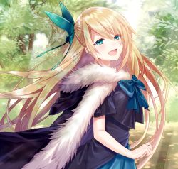 Rule 34 | 1girl, aqua eyes, blonde hair, day, forest, from side, hair ornament, half updo, light rays, long hair, nature, sunbeam, sunlight, tales weaver, very long hair, yuya (night lily)
