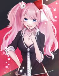 Rule 34 | 1girl, black background, black shirt, blue eyes, bow, breasts, cleavage, collarbone, danganronpa: trigger happy havoc, danganronpa (series), enoshima junko, hair bow, hair ornament, hand up, highres, kan&#039;na (ff6ns), large breasts, long hair, looking at viewer, nail polish, necktie, pink hair, pleated skirt, polka dot neckwear, rabbit hair ornament, red background, red bow, red nails, red skirt, shiny skin, shirt, signature, skirt, sleeves rolled up, smile, solo, teeth, twintails, white bow