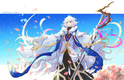 Rule 34 | 1boy, ahoge, bishounen, black pants, center frills, character name, copyright name, dated, fate/grand order, fate (series), flower, flower knot, frills, full body, hair between eyes, hair ornament, hazel (silver vine), holding, holding staff, holding weapon, hood, hood down, hooded robe, long hair, long sleeves, male focus, merlin (fate), multicolored hair, outstretched arms, pants, parted lips, petals, pink ribbon, purple eyes, ribbon, robe, sky, solo, spread arms, staff, tassel, turtleneck, two-tone hair, very long hair, weapon, white hair, white robe, wide sleeves